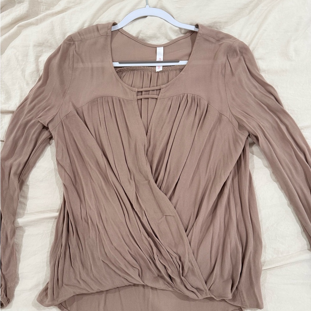 My Story Taupe Pleated Wrap Blouse